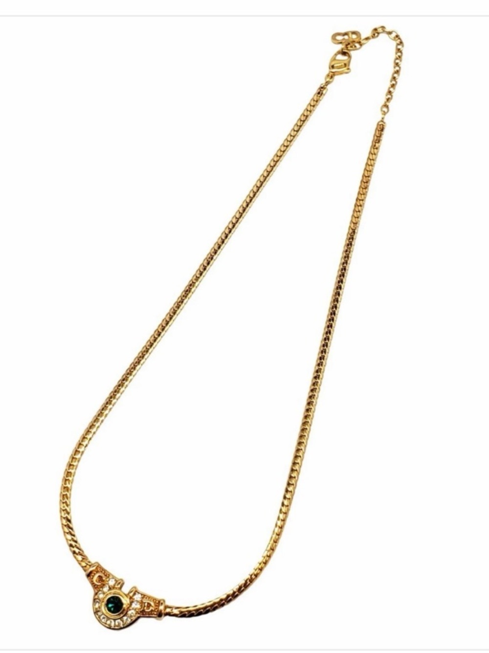 Christian DIOR Rhinestone Necklace Green Gold Plated Flat Herringbone Chain 17” - Picture 3 of 11